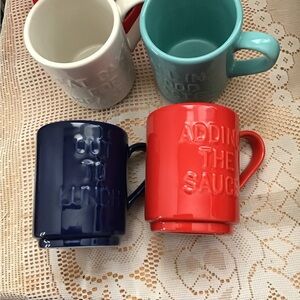 Kate Spade Embossed Stacking Mugs Set, Red, Navy Blue, White and Turquoise